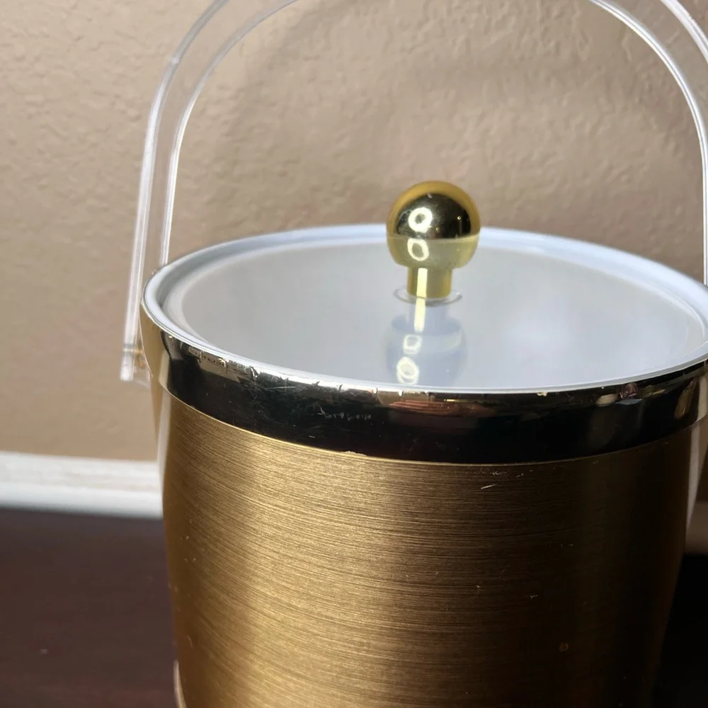 Vintage 1970's Brushed Gold Ice Bucket, Collectible Barware, Midcentury Mod Deco